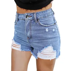 Сезон: весна–лето пикантные рваные Высокая Талия Короткие джинсовые шорты для Для женщин популярная женская высокой посадкой проблемных