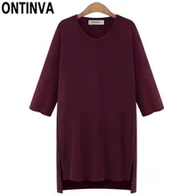 Женская длинная футболка с длинным рукавом, цвет красного вина, черный, весна-лето, круглый вырез, зимняя свободная одежда, топы размера плюс, L, 5XL, футболка