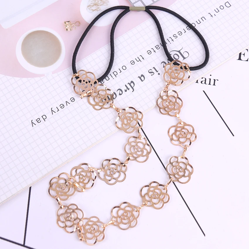 

Womens Fashion Metal Chain Jewelry Hollow Rose Flower Elastic Hair Band Headband Jewelry
