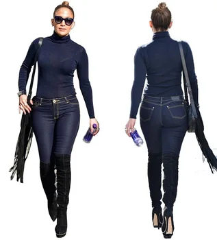 

Full Sleeve Skinny Jeans Playsuit Casual Women Blue Turtleneck Tops With Long Pant 2 Pieces Denim Jumpsuit Plus Size Overalls