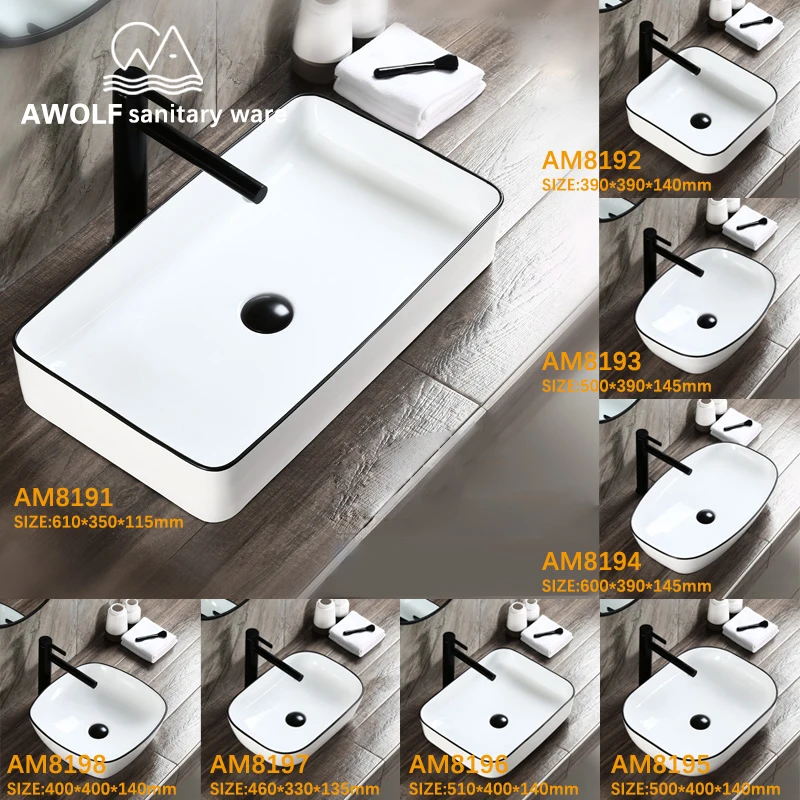 Раковины для ванной комнаты, простой дизайн, керамический сосуд, квадратная раковина для умывальника, белый цвет, с всплывающим сливом, мягкий шланг, AM819