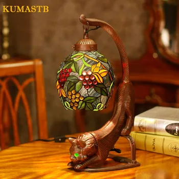 

Stained Glass Grape Lampshade Cat Stands Table Lamp Living Room Bedroom Bedside Table Lights European Vintage Study Desk Lamps