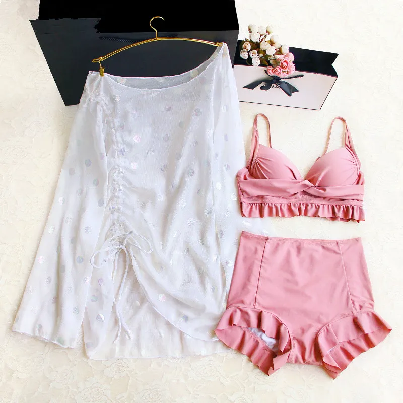 

Solid Sexy Women Bikini Set 2019 New Push Up Ruffles Padded Swimwear Bikini With Smock Women Bathing Suit Beachwear Swimming