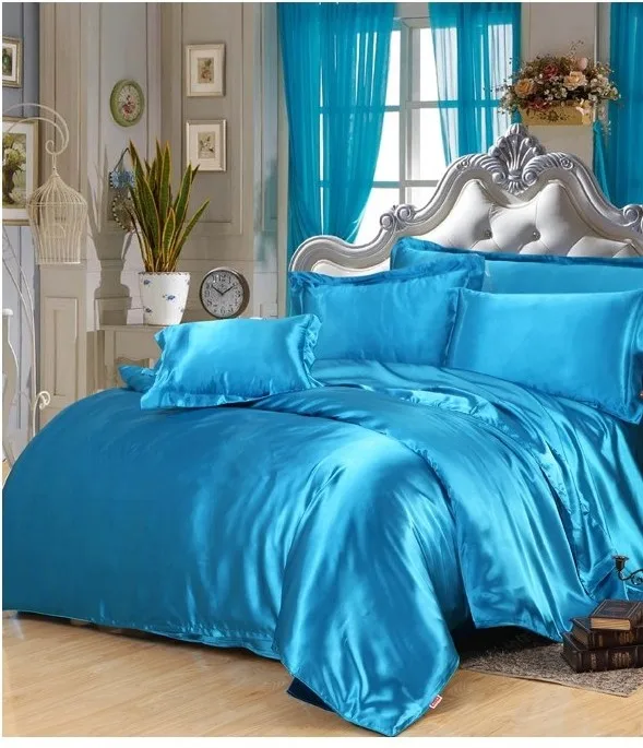 Silk Bedding set lake Blue satin California King size Queen full twin duvet cover fitted bed ...