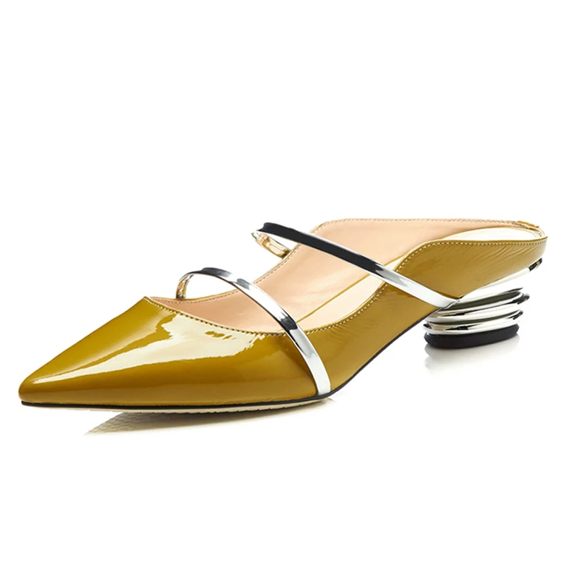 

Yellow Leather Women Mules 4 CM Chunky Heels Sexy Pointed-toe Summer Slippers Party Pumps Woman Slides Box packing T5-38