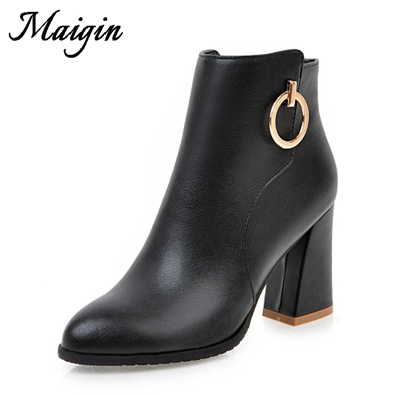 Maigin Autumn High Heels Women Ankle Boots Pointed Toe Block Heels Booties 2018 Big Size 34-43 Soft Leather Black Female Shoes