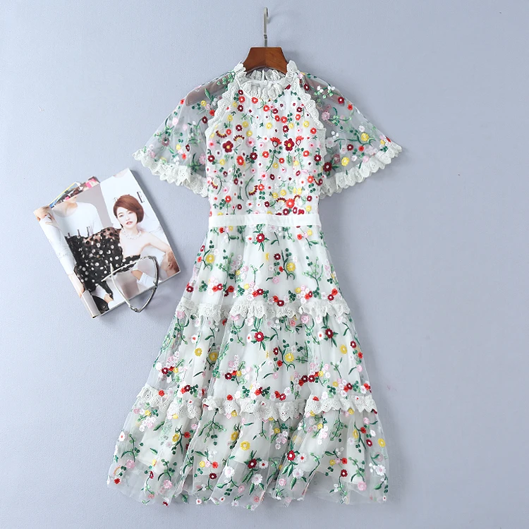 Лето, подиумное дизайнерское высококачественное Сетчатое платье миди с цветочной вышивкой, женское богемное пляжное платье с коротким рукавом и оборками