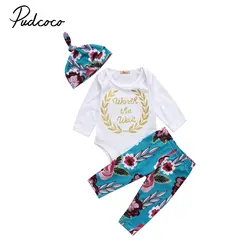 Комплект детской одежды с цветочным принтом из 3 предметов для новорожденных мальчиков и девочек, белый комбинезон с надписью + синие штаны