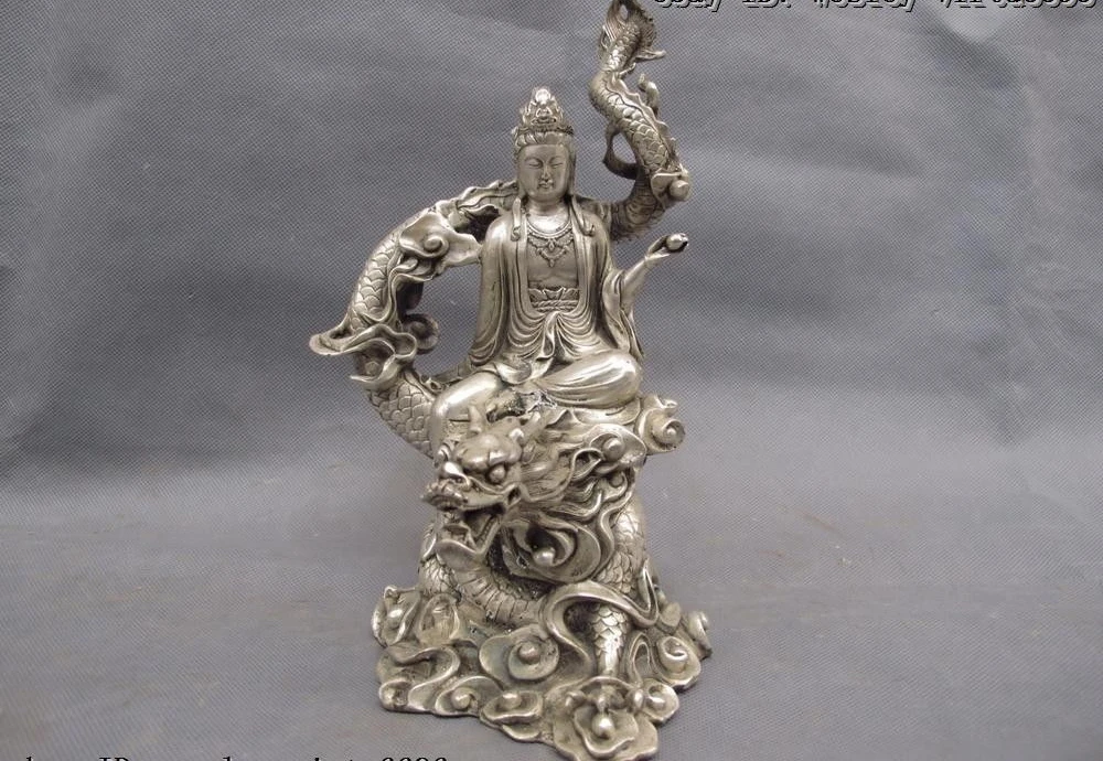 

Chinese Buddhism White Copper Silver Ride Dragon Guan Yin Kwan-yin Boddhisattva
