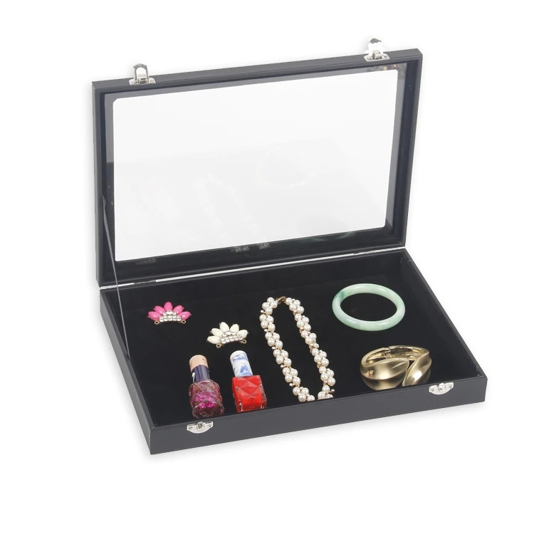 TONVIC черный кожзам ювелирные изделия Дисплей Коробка кольцо браслет серьги цепочки и ожерелья бусины отсеки для хранения лоток со стеклянной крышкой