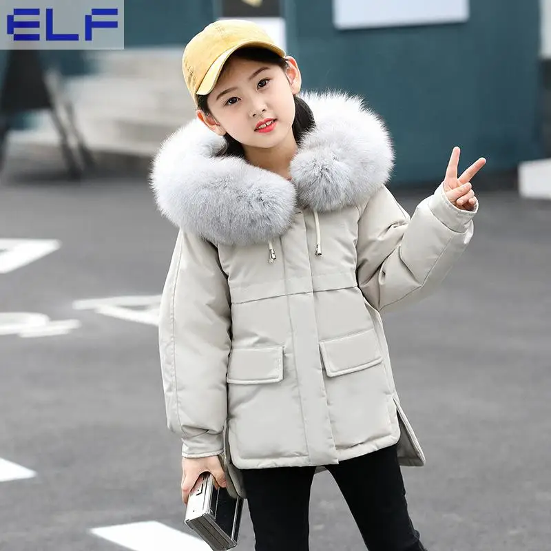 

Children Long Down Jacket 2018 Russia Winter Large Nature Fur Collar Kids Warm Outwear Snow Coat For Boys Girls