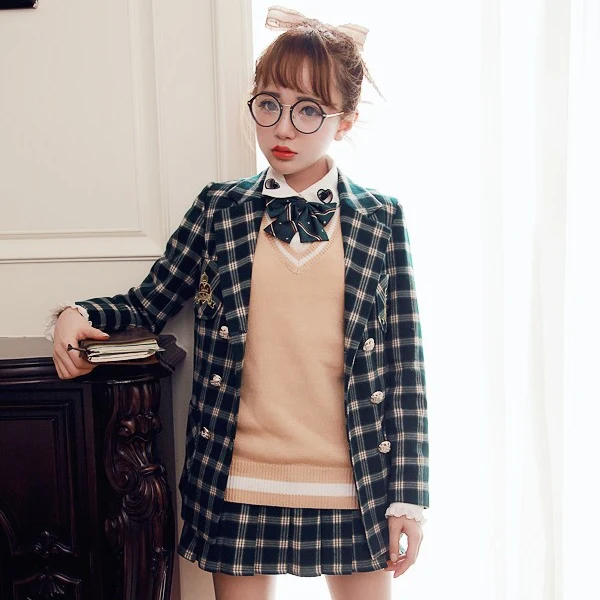 wonderful  Princess sweet lolita coat BoBON21 Original design College style British grid plaid Double embroide
