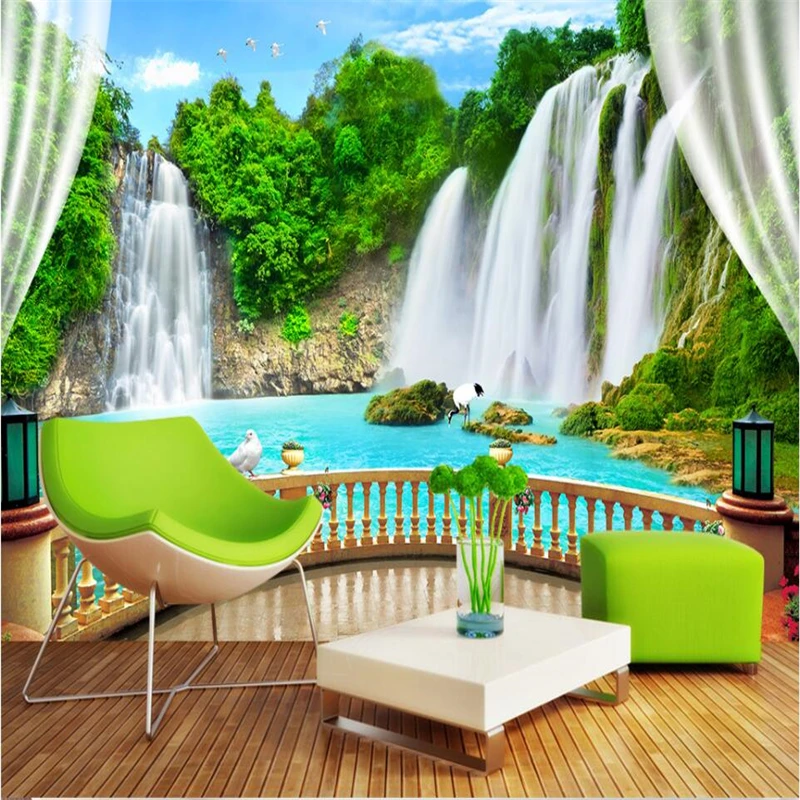 

beibehang Bungalow landscape waterfall three - dimensional murals landscape background wall custom large fresco wallpaper