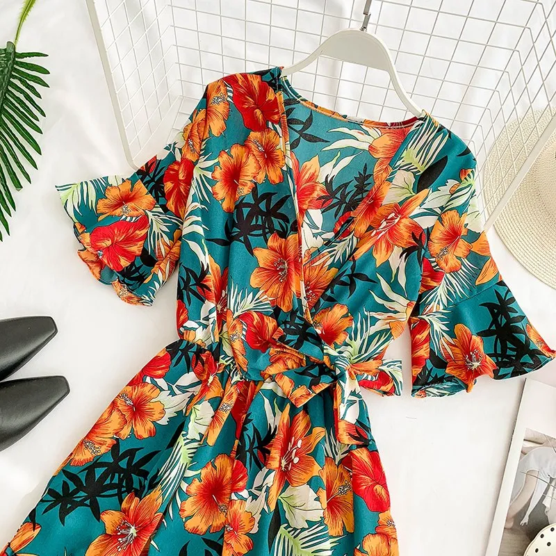 V Neck Floral Printed Flare Sleeve Sashes Playsuits Women Beach Shorts Rompers Ruffles Bohemian Overalls