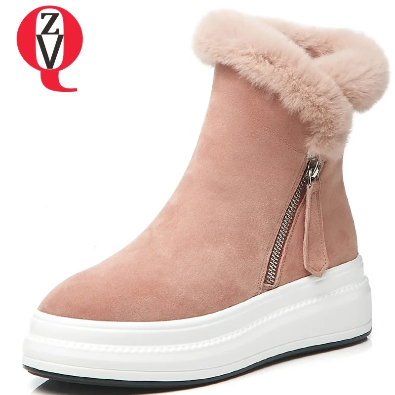 

ZVQ women shoes 2018 winter new fashion concise kid suede med wedges platform zipper round toe black and pink sweet snow boots