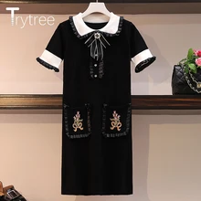 Trytree Autumn Winter Women Dress Casual Peter pan Collar Bow Embroidery Pocket Shirt Dresses Knitting Black Straight Mini Dress