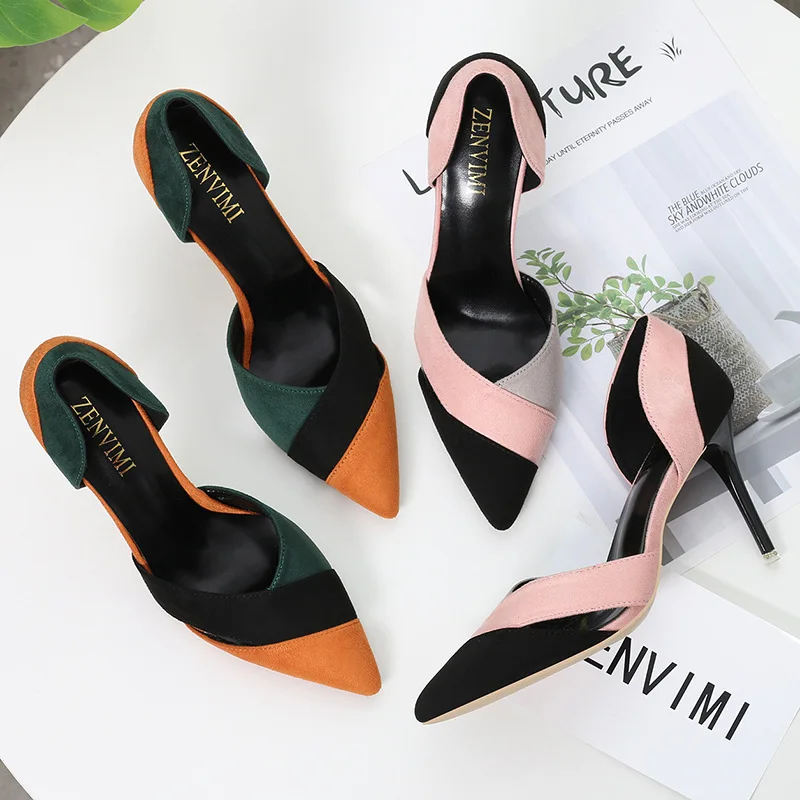 

Europe and America Color Matching Hollow Pointed Stiletto Single Shoes Concise Elegant High Heels Temperament Wild Womens Shoes