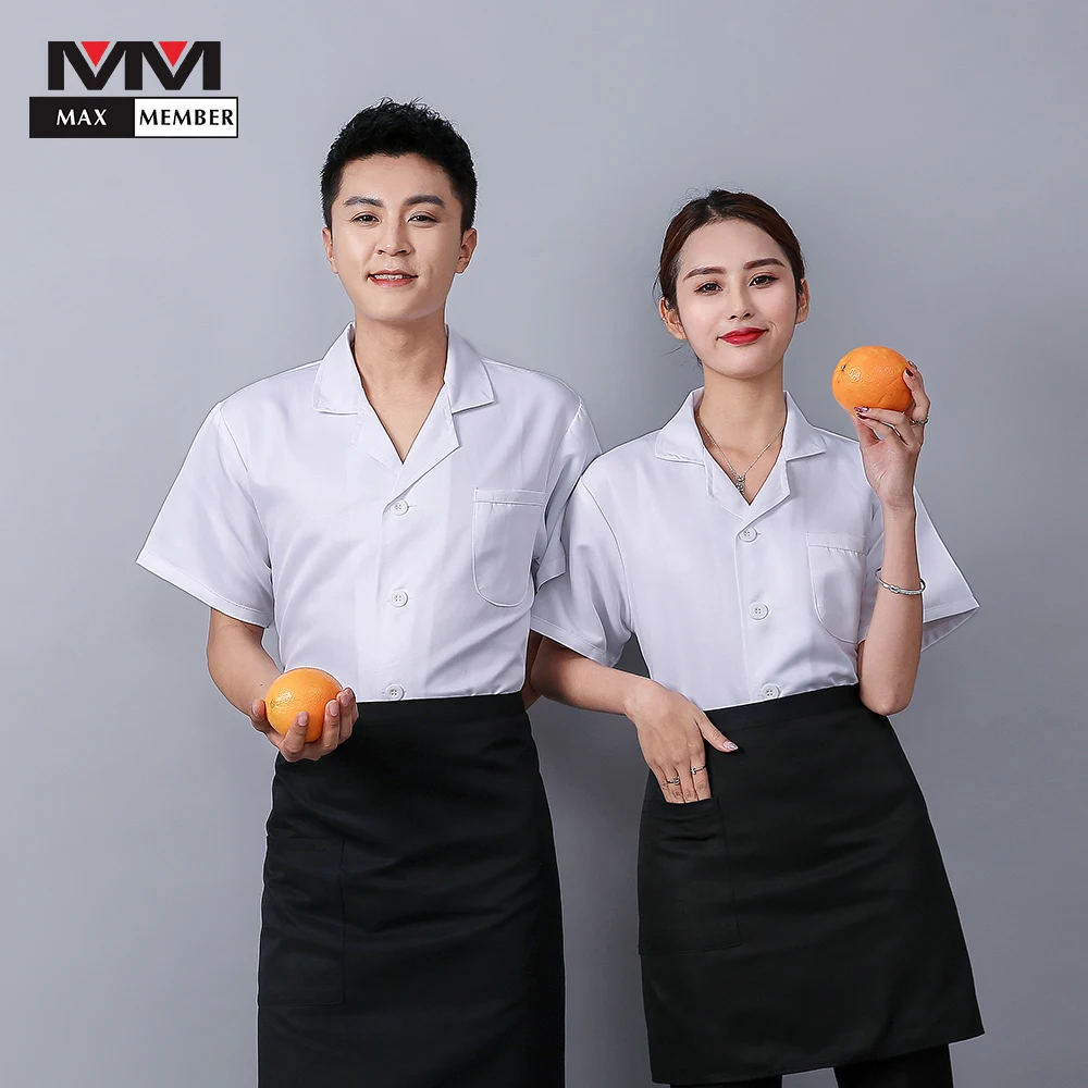 

Chef Uniform V Collar Pure White Waitress Logo Print Work Uniform Lapel Shirt Barbers Shop Fast Food Restaurant Cafe Waiter