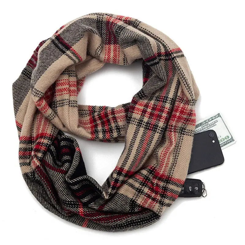 winter Infinity Scarf with Zipper Pocket Women Plaid Warm Cashmere Scarves Female Foulard ladies Shawls Pashmina