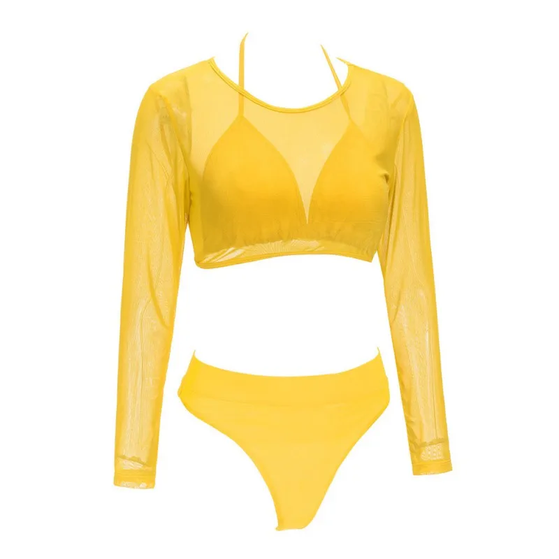 

Women Perspective Net Solid Color High Split Elastic Waist Long Sleeve Three-Piece Sports Sunscreen Swimsuit Sweet Bikinis Set