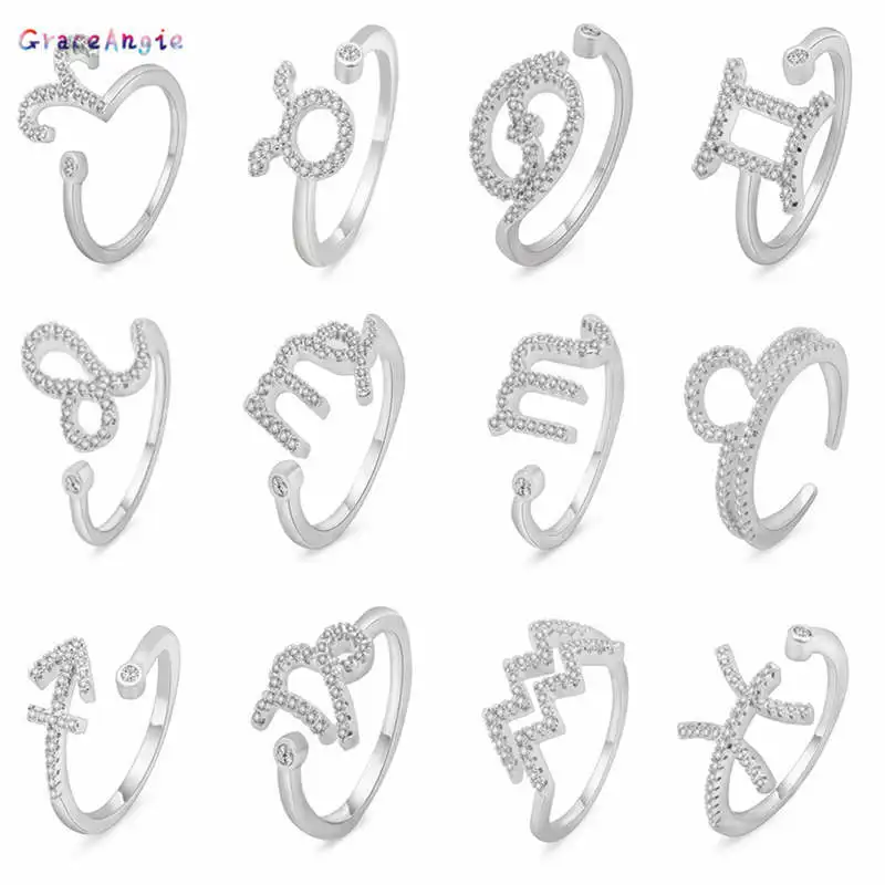 

GraceAngie 12 Constellations Silver Color Rings Zodiac Sign For Women Rhinestone Adjustable Open Finger Rings Wedding Jewelry