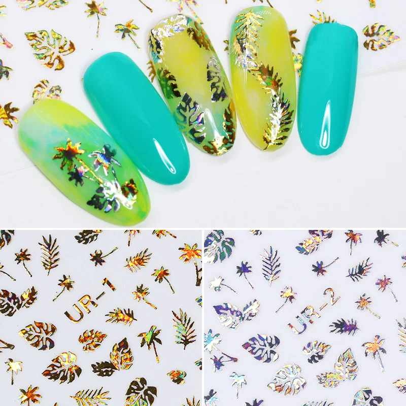 

1 Sheet 3D Nail Sticker Gold Silver Leaf Coconut Tree DIY Design Holographic Shiny Nail Art Adhesive Transfer Sticker Decors