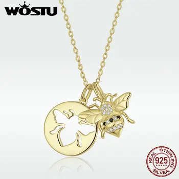 

WOSTU 100% 925 Sterling Silver Gold Color Queen Bee Necklaces Dazzling Zircon Pendant For Women Fashion Jewelry Gifts DAN080