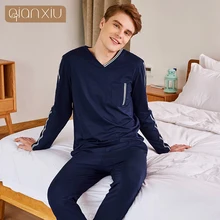 Осенние домашние пижамы для пар, повседневные пижамные комплекты, Мужской Хлопковый пижамный комплект, Мужская футболка с длинными рукавами и v-образным вырезом и штаны