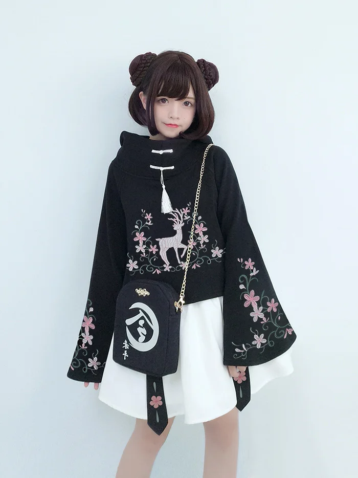 

Chinese Style White Deer Flower Ring Embroidery Women's Winter Cape & Skirt Set Cute Warm Hooded Sweatshirt Hoodies