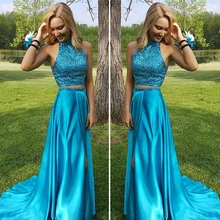 Sexy Halter Ausschnitt Zwei Stücke Prom Kleider 2016 Backless Lange Prom Abendkleider Gericht Zug Plus Größe Vestidos De Festa QD78