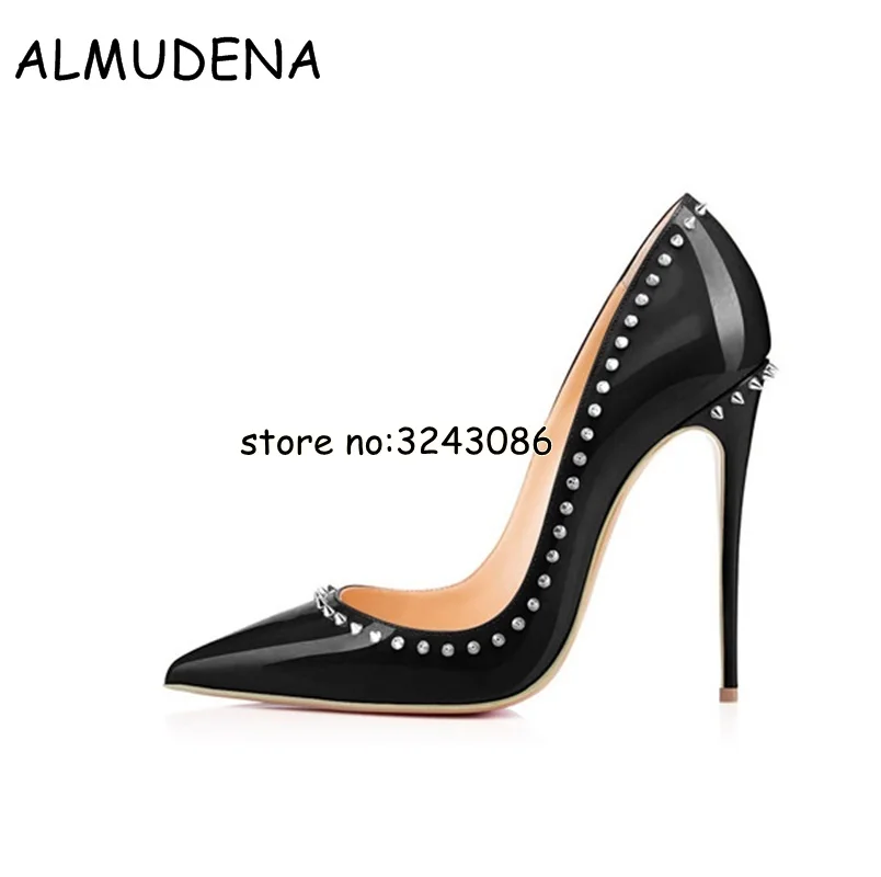 Spike Patent Leather Stiletto High Heels Pumps Pointy Toe Sexy Rivets