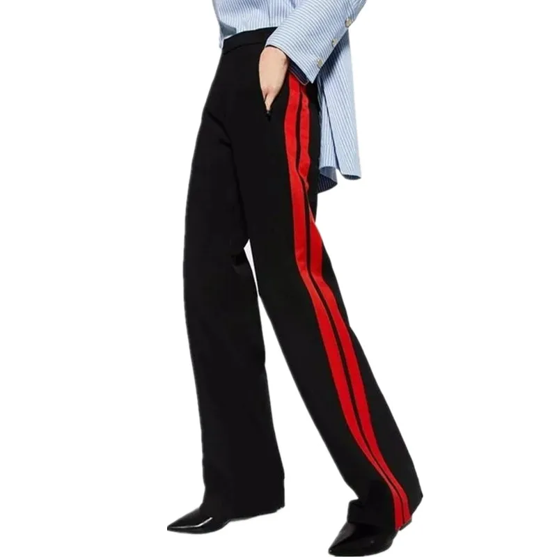 2017 Women Long Pant Casual Style Side Belt Red Striped