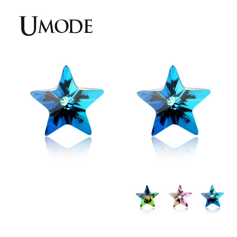 UMODE 2019 новая звезда зеленый и синий фиолетовый кристалл 925 пробы серебряные серьги гвоздики для женщин белого золота украшение