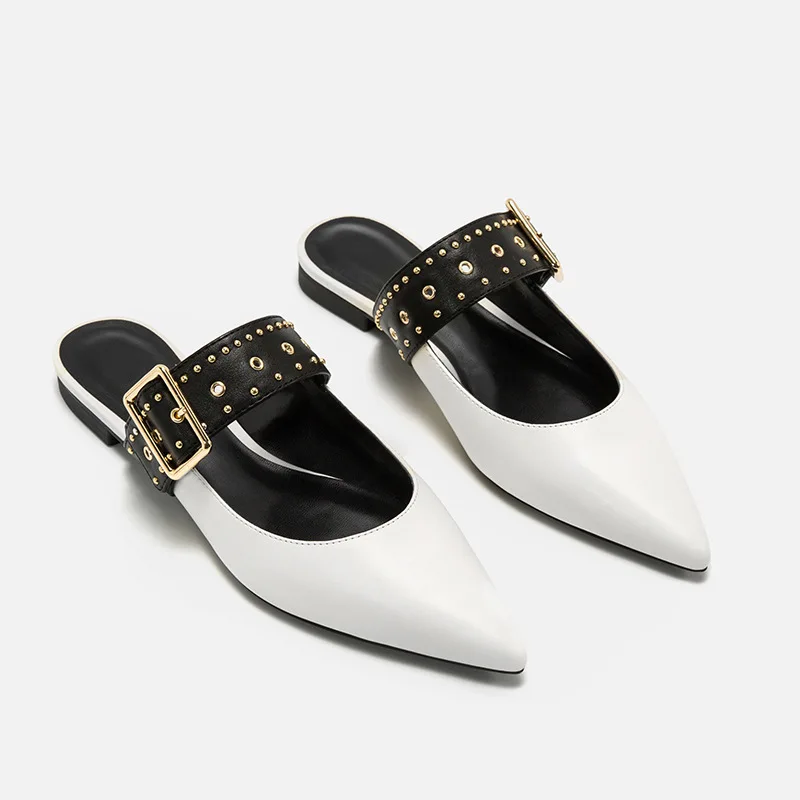 

Slippers Mules Slip Ons Shoes Woman 2019 Pointed Toe Rivets Metal Sandals Elegant Ballet Summer Party Wedding Flats Ladies Shoes