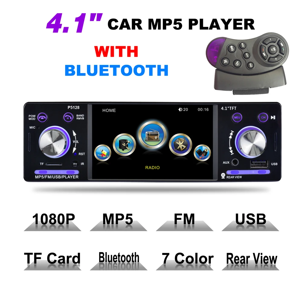 

Universal 4.1' 1 Din HD Car Stereo Radio Bluetooth MP3 MP5 Player Support USB / FM / TF / AUX with Steering Wheel Remote Control