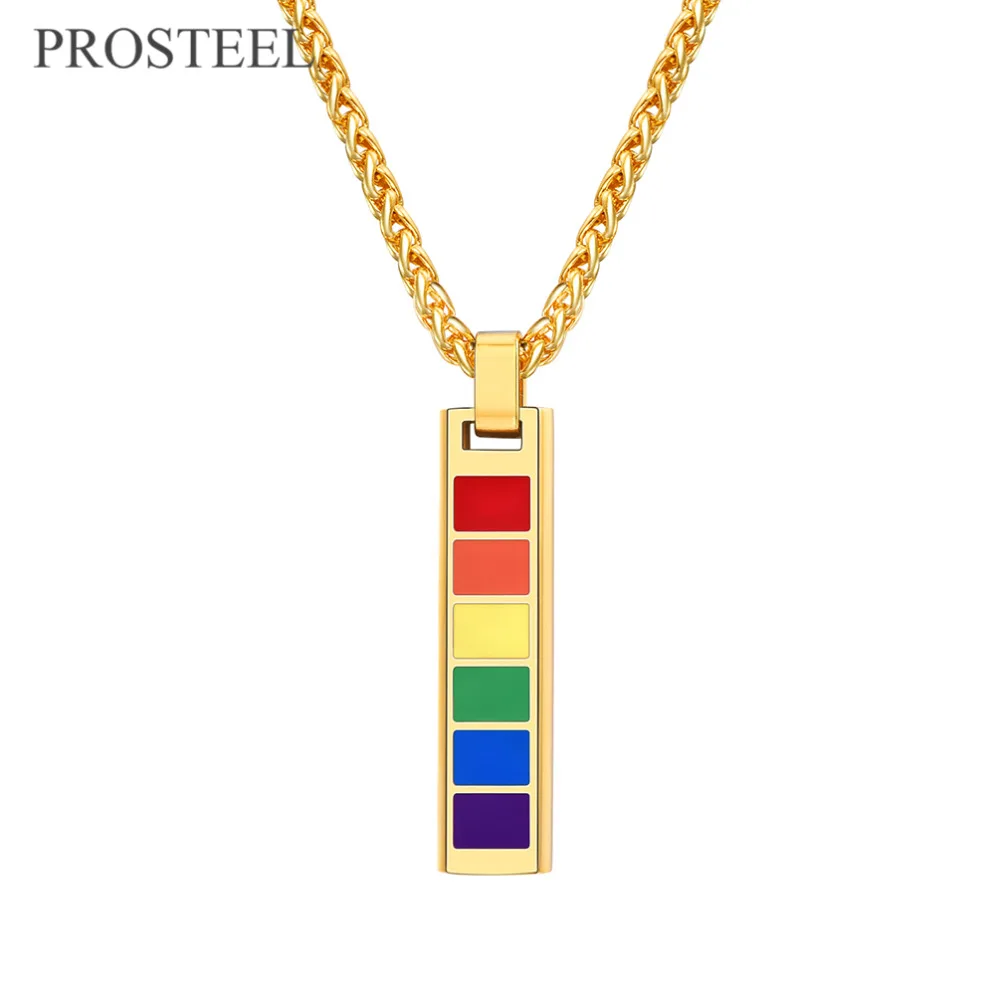 PROSTEEL Lgbt Gay Pride Charm Necklaces & Pendants Men Rainbow Long Gold Chain Fashion Stainless