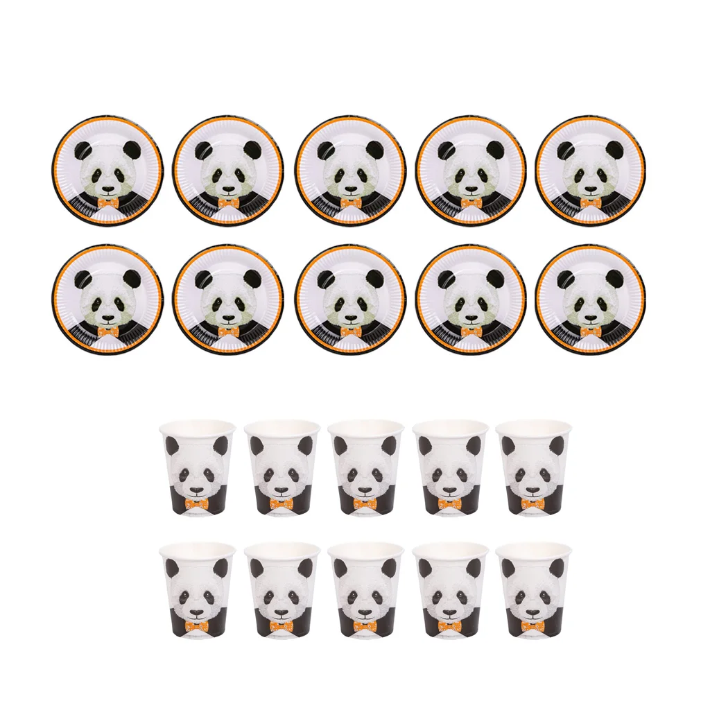 High Quality 10Pcs Cute Panda Paper Plates Cups Set Kids Birthday Wedding Party Tableware for Festive & Party Supplies