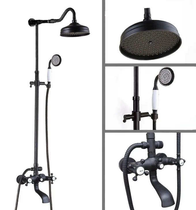 

Black Oil Rubbed Brass Dual Cross Handles Bathroom 8 Inch Round Rain Shower Faucet Set Bath Tub Mixer Tap Hand Shower mhg604