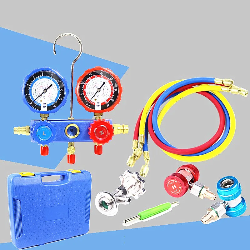 

Car Air Conditioner R134A Manifold Gauges Freon Refrigerant+ Tricolor Fluoridated Tube Hoses+2pc QC-12 Quick Couplers+ Opener