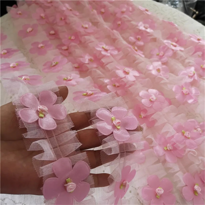 

1 Meter 3D Pink Rose Pleated Lace Trim 5cm Wide Ruffled Lace Gauze Fabric Home Decor Bridal Headpiece