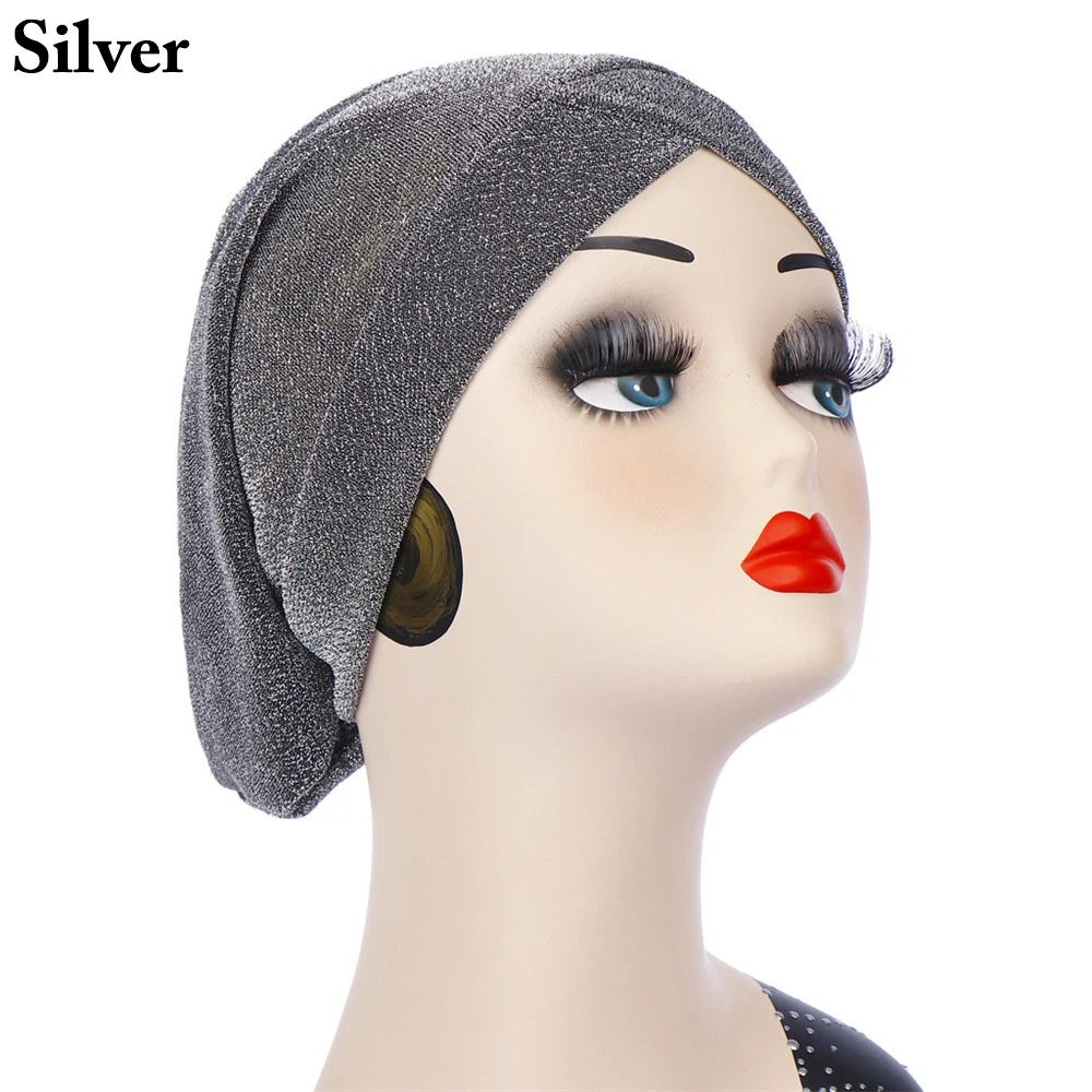 

Headscarf Hijabs Elegant Ladies Shiny Muslim Hijabs Turban Cap Shimmer Cross Knotting Head wraps Cancer Chemo Cap Hair Loss