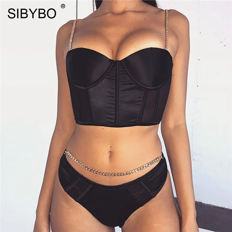 

Sibybo Mesh Transparent Summer Two Piece Set Women Metal Chain Strap Sexy Crop Top and Pants Set Backless Beachwear Women Set
