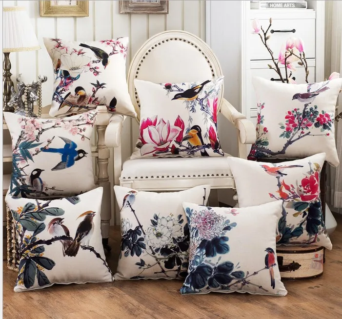 

Vintage Flower Bird Cushions 3D Swallow Paint Linen Cotton Pillow Cases 45x45cm Decorative Chair Chair Throw Pillow Cover B169