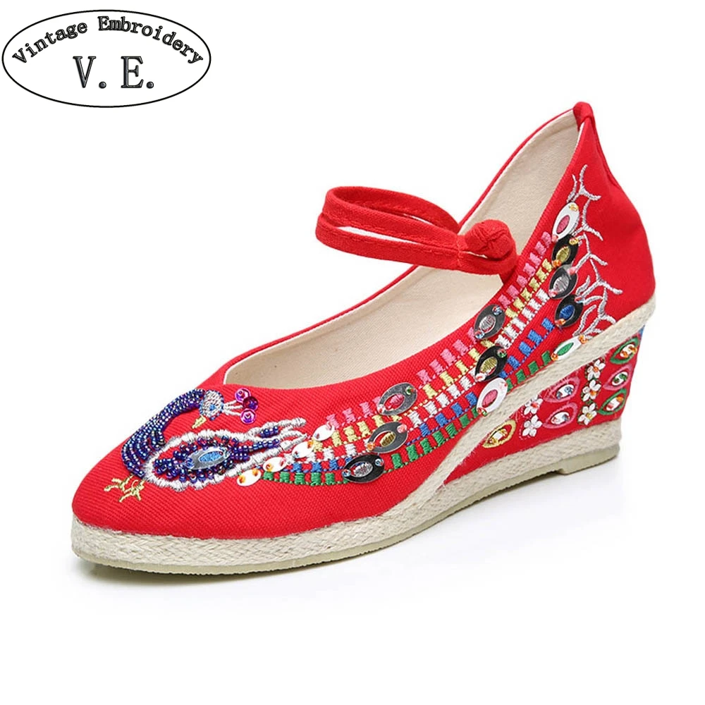 Vintage Embroidery Women High Heel Wedges Shoes Glass Beads Embroidered