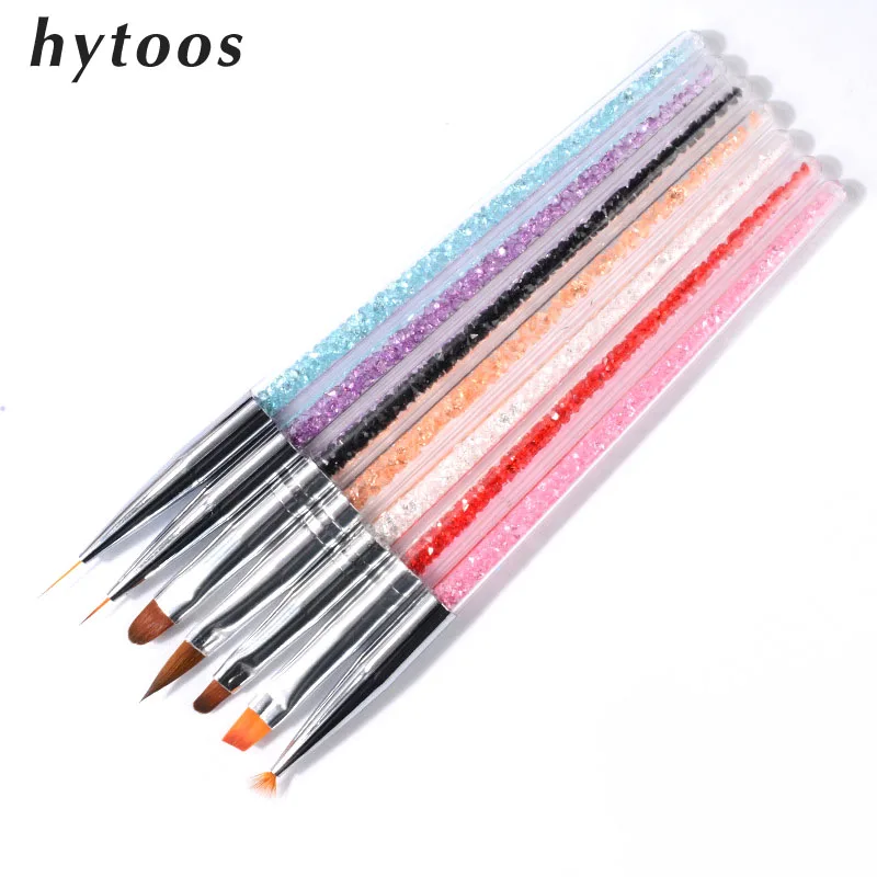 

HYTOOS 7Pcs/set Nail Art Brush Pen Rhinestone Diamond Metal Acrylic Handle Flat Painting Drawing Line Brush Pen Manicure Tool