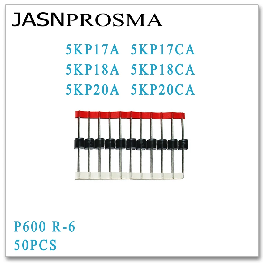

JASNPROSMA 50 шт. 5KP17 5KP17A 5KP17CA 5KP18 5KP18A 5KP18CA 5KP20 5KP20A 5KP20CA P600 R-6 TVS Diode высокое качество