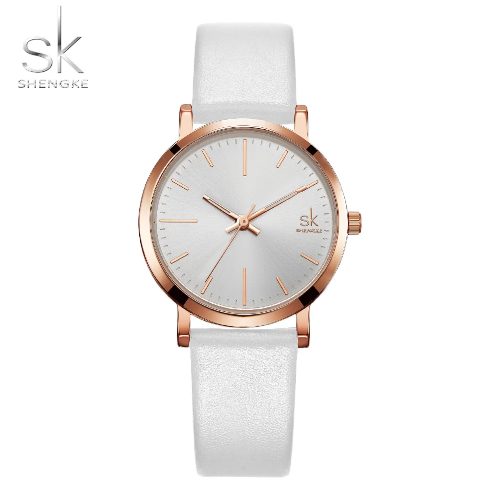 SHENGKE Couple Watches Brown White Leather Strap Quartz Clock Montre Homme Simple Design White Dial Relogio Masculino