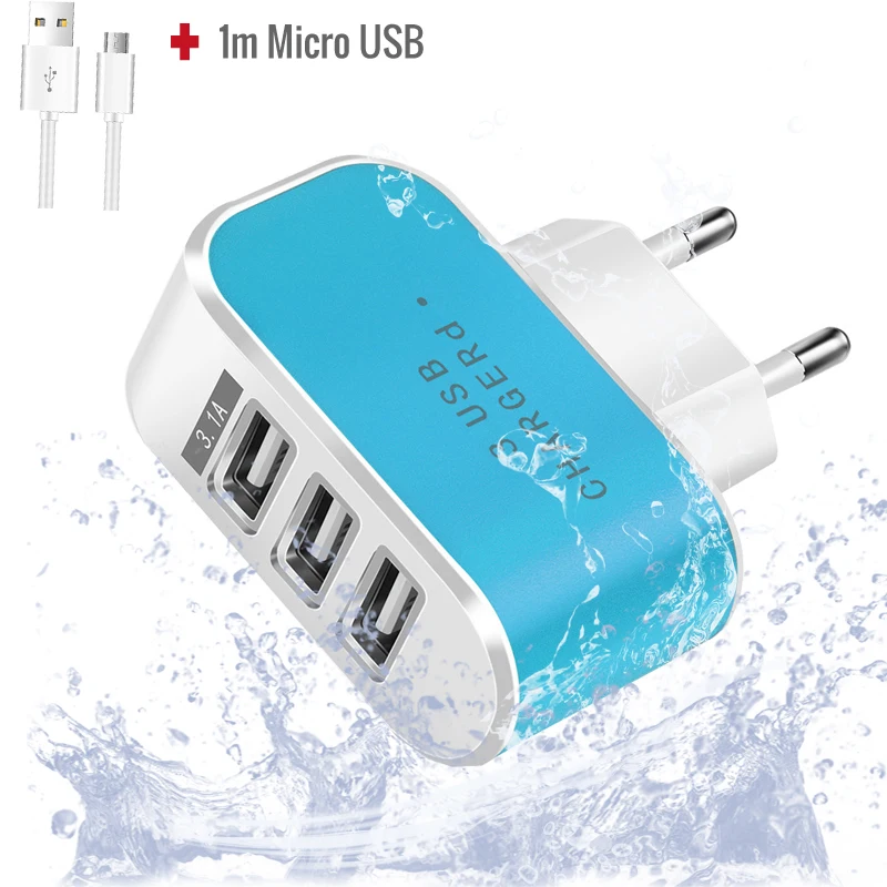 

5V 2A LED Light Charger 3 Port USB EU Chargers Adapter for iPhone X 7 8 6s Xiaomi Samsung S8 USB Micro Cable with Charging Plug