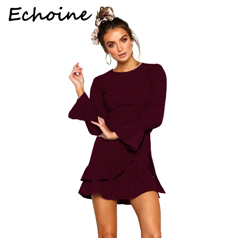 

Echoine Bandage Front Tie Dress 7 Solid Color Chiffon A-line Ruffles Long Sleeve Beach Dress Summer Clothes For Women