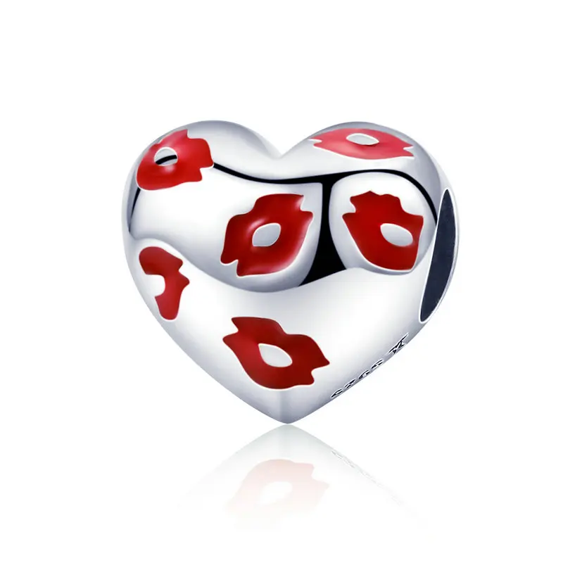 

ABAY 100% 925 Sterling Silver Kiss Lips In Heart Shape Beads Red Enamel Charm fit Original Pandora Bracelet Beads DIY Jewelry